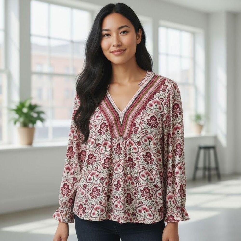 Matilda Jane Women’s M Boho Floral Tunic Blouse Long Sleeve Pink Embroidered - Picture 2 of 12